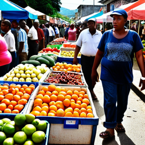 Home 4 **
* **Prompt:** A crowded marketplace in Kingstown, St. Vincent. Vendors selling local fruits and vegetables, some looking worried. Show a contrast between vibrant produce and the struggling economy. Focus on the faces of the vendors and shoppers.
**