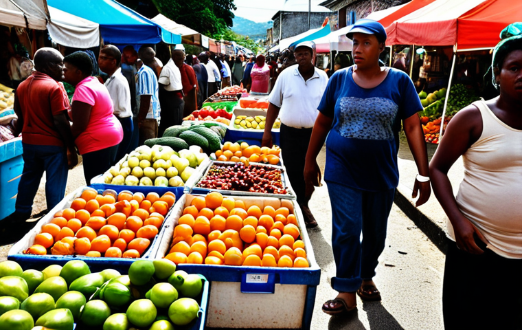 **

*   **Prompt:** A crowded marketplace in Kingstown, St. Vincent. Vendors selling local fruits and vegetables, some looking worried. Show a contrast between vibrant produce and the struggling economy. Focus on the faces of the vendors and shoppers.

**